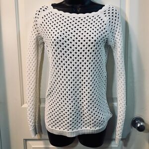 LOFT Petites XXSP White Open Knit Crochet Sweater Long Sleeve Boho